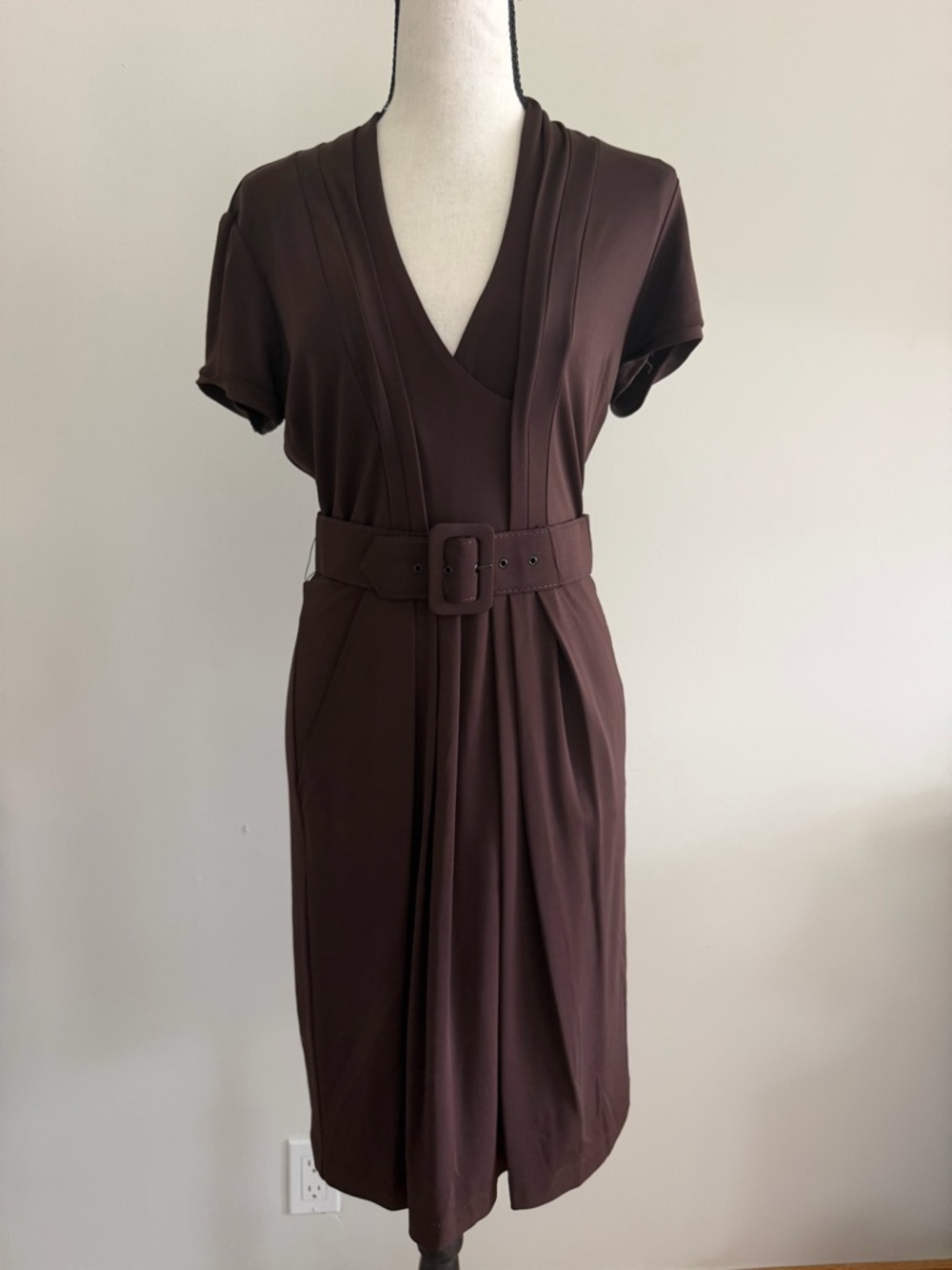 BCBGMaxAzria Chocolate Brown V-Neck Belted Midi Dress